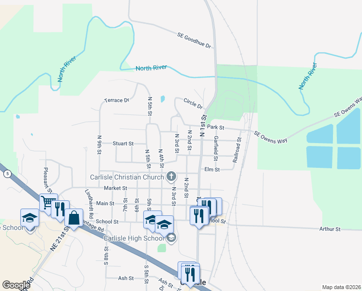 map of restaurants, bars, coffee shops, grocery stores, and more near 520 North 2nd Street in Carlisle