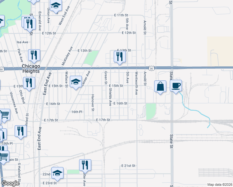 map of restaurants, bars, coffee shops, grocery stores, and more near 1520 Portland Avenue in Chicago Heights