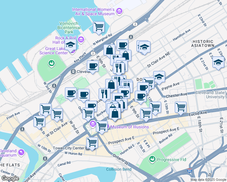 map of restaurants, bars, coffee shops, grocery stores, and more near 777 Saint Clair Avenue Northeast in Cleveland