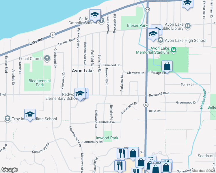 map of restaurants, bars, coffee shops, grocery stores, and more near 247 Inwood Boulevard in Avon Lake