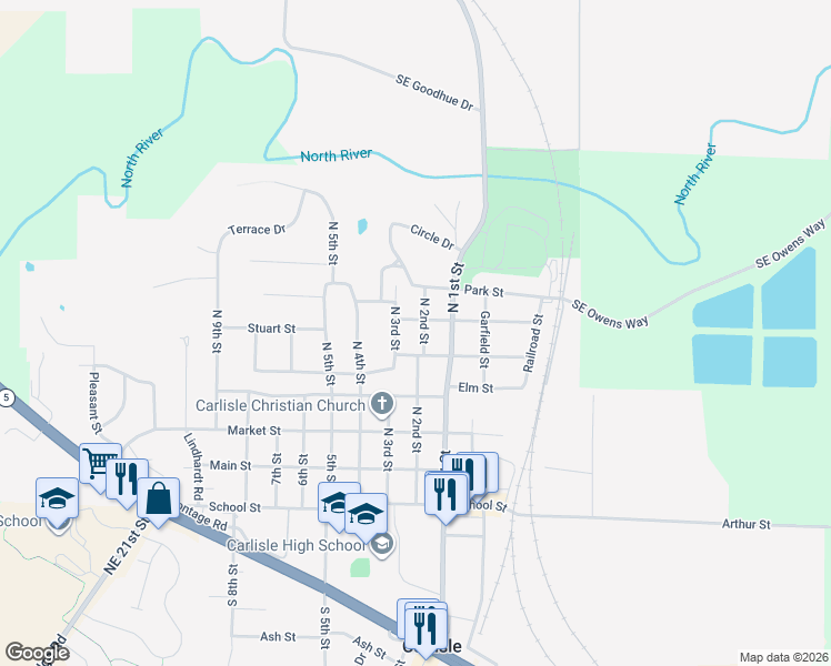 map of restaurants, bars, coffee shops, grocery stores, and more near 520 North 2nd Street in Carlisle