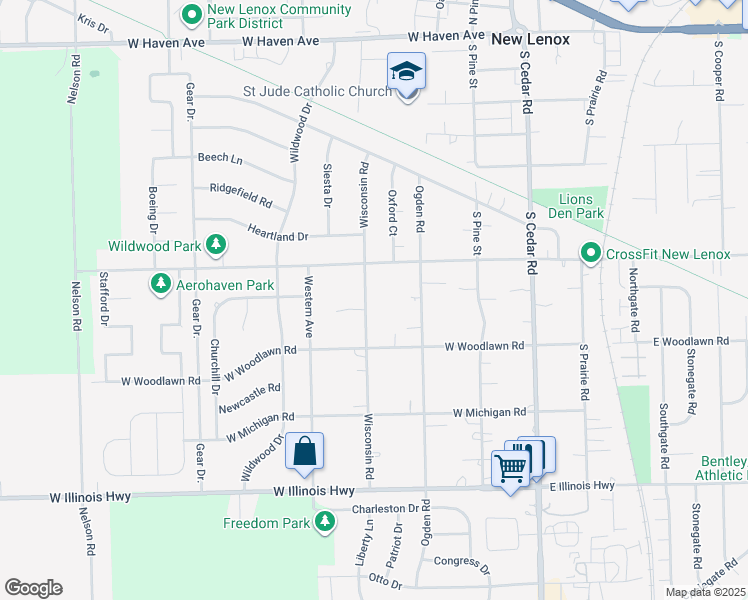 map of restaurants, bars, coffee shops, grocery stores, and more near 724 Wisconsin Road in New Lenox