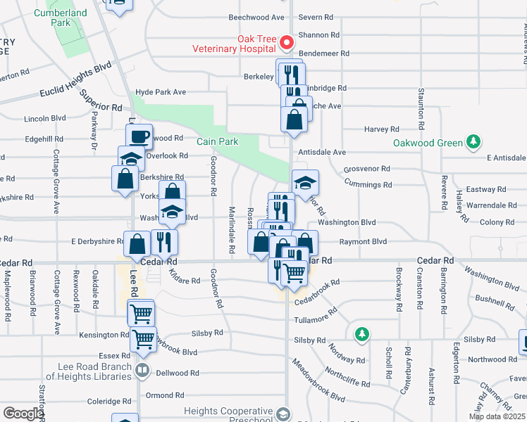 map of restaurants, bars, coffee shops, grocery stores, and more near 3413 Washington Boulevard in Cleveland Heights