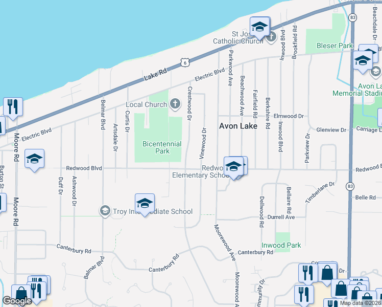 map of restaurants, bars, coffee shops, grocery stores, and more near 221 Crestwood Drive in Avon Lake