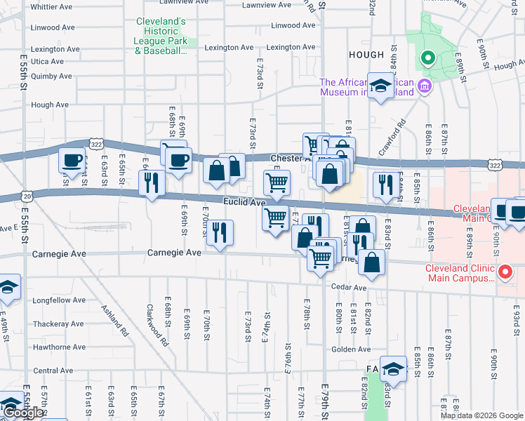 map of restaurants, bars, coffee shops, grocery stores, and more near 7338 Euclid Avenue in Cleveland