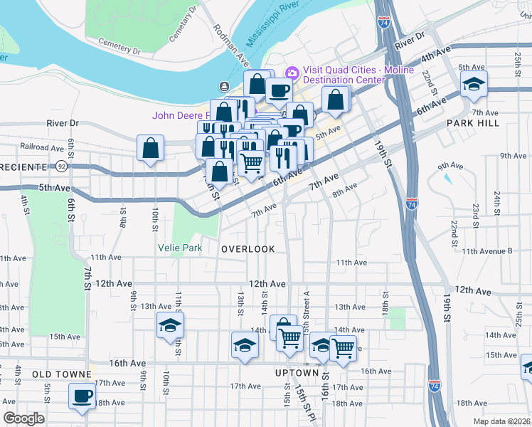 map of restaurants, bars, coffee shops, grocery stores, and more near 736 14th Street in Moline