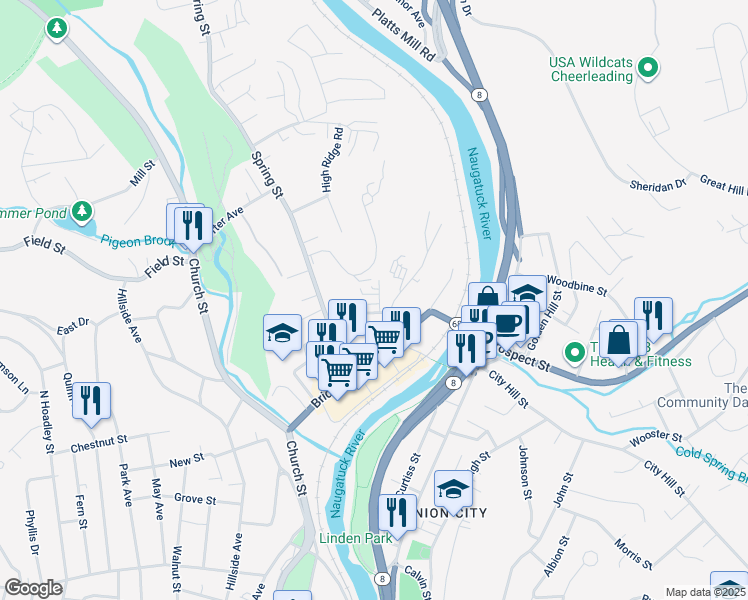 map of restaurants, bars, coffee shops, grocery stores, and more near 14 Washington Street in Naugatuck