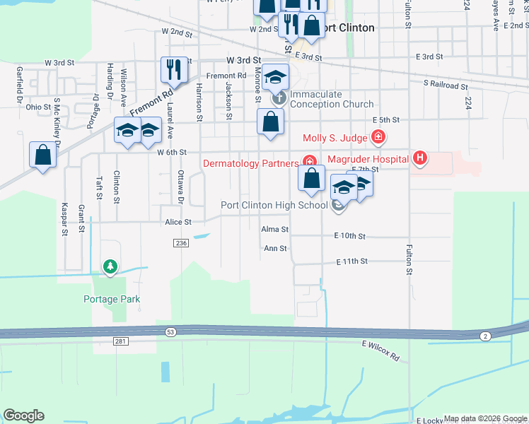 map of restaurants, bars, coffee shops, grocery stores, and more near 729 Monroe Street in Port Clinton