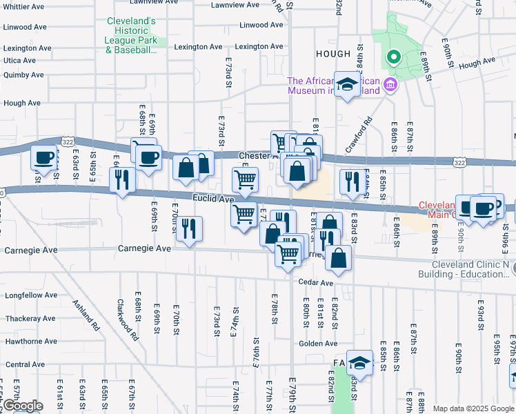 map of restaurants, bars, coffee shops, grocery stores, and more near 7600 Euclid Avenue in Cleveland