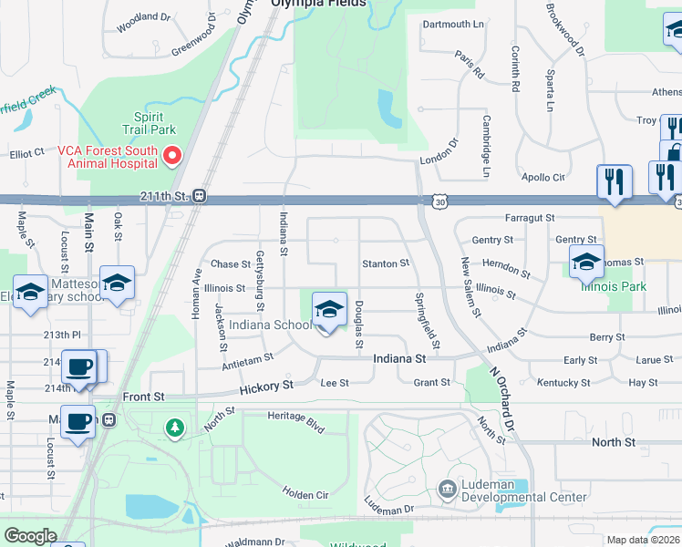 map of restaurants, bars, coffee shops, grocery stores, and more near 403 Hamlin Street in Park Forest