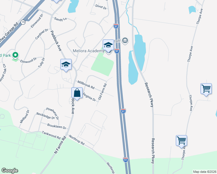 map of restaurants, bars, coffee shops, grocery stores, and more near 102 Old Farm Road in Meriden