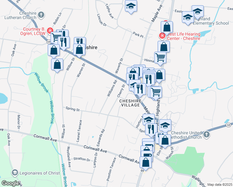 map of restaurants, bars, coffee shops, grocery stores, and more near 46 Cherry Street in Cheshire