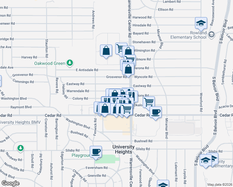 map of restaurants, bars, coffee shops, grocery stores, and more near 3930 Warrendale Road in South Euclid