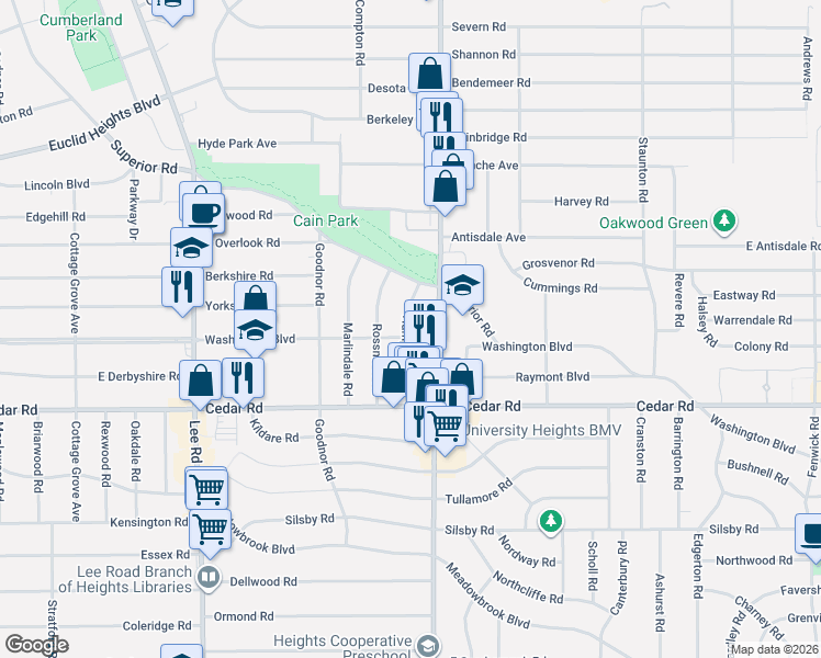map of restaurants, bars, coffee shops, grocery stores, and more near 3441 Washington Boulevard in Cleveland Heights