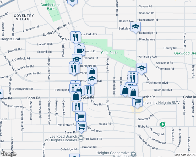 map of restaurants, bars, coffee shops, grocery stores, and more near 3277 Washington Boulevard in Cleveland Heights