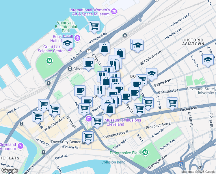 map of restaurants, bars, coffee shops, grocery stores, and more near in Cleveland
