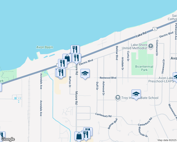 map of restaurants, bars, coffee shops, grocery stores, and more near 33393 Electric Boulevard in Avon Lake