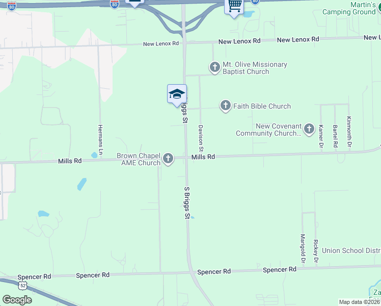 map of restaurants, bars, coffee shops, grocery stores, and more near 1525 Mills Road in Joliet