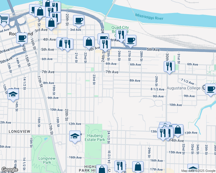map of restaurants, bars, coffee shops, grocery stores, and more near 2427 8 1/2 Avenue in Rock Island