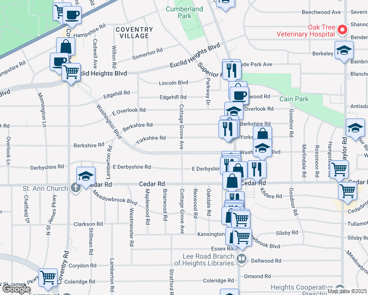 map of restaurants, bars, coffee shops, grocery stores, and more near 3075 Washington Boulevard in Cleveland Heights