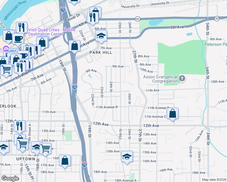 map of restaurants, bars, coffee shops, grocery stores, and more near 1024 24th Street in Moline