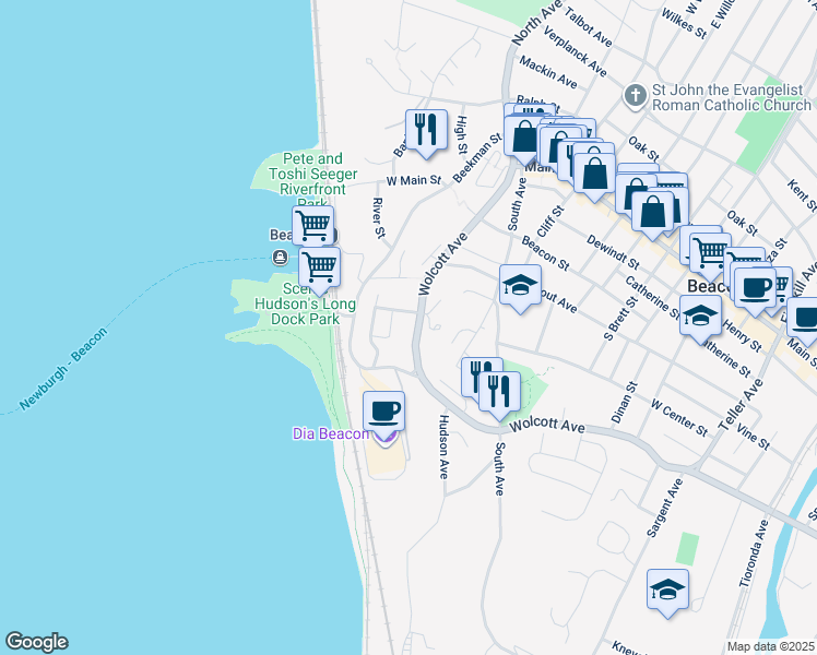 map of restaurants, bars, coffee shops, grocery stores, and more near 1073 Wolcott Avenue in Beacon
