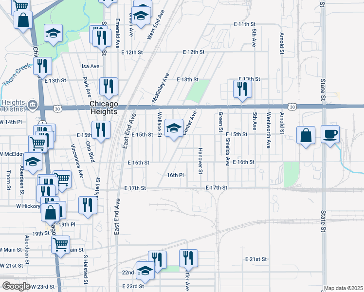 map of restaurants, bars, coffee shops, grocery stores, and more near 1519 Center Avenue in Chicago Heights
