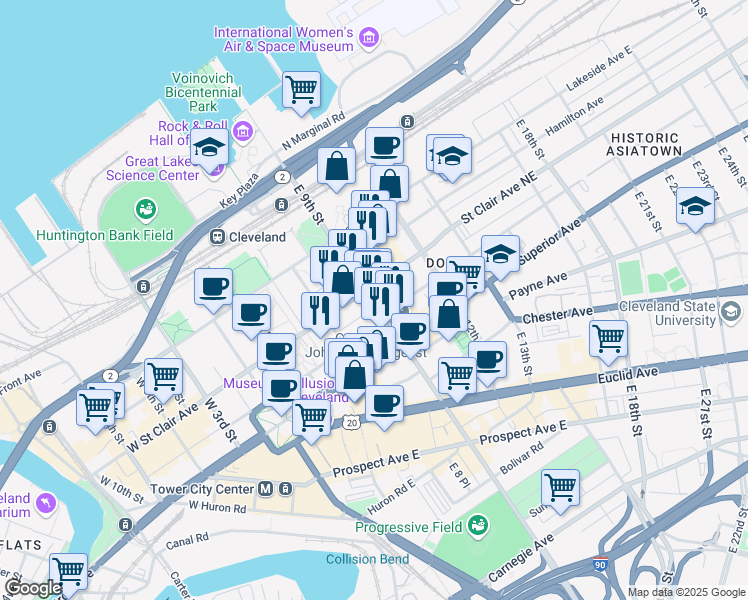 map of restaurants, bars, coffee shops, grocery stores, and more near 1360 East 9th Street in Cleveland