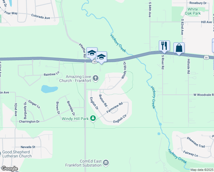map of restaurants, bars, coffee shops, grocery stores, and more near 21346 Windy Hill Drive in Frankfort