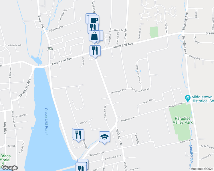 map of restaurants, bars, coffee shops, grocery stores, and more near 575 Aquidneck Avenue in Middletown