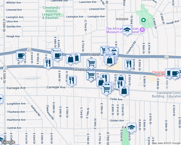map of restaurants, bars, coffee shops, grocery stores, and more near 7500 Euclid Avenue in Cleveland