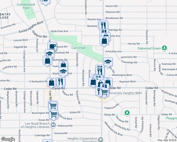 map of restaurants, bars, coffee shops, grocery stores, and more near 3403 Washington Boulevard in Cleveland Heights