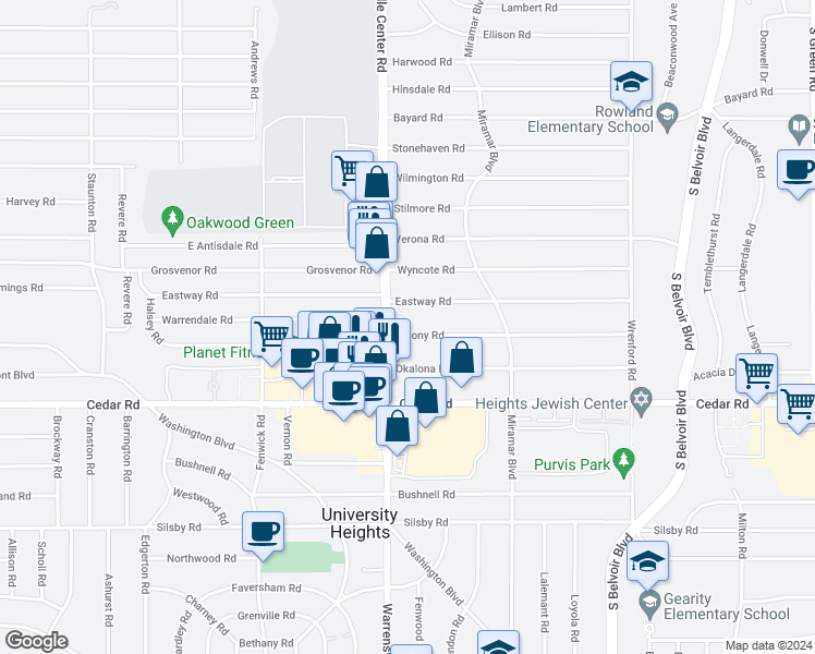 map of restaurants, bars, coffee shops, grocery stores, and more near 4015 Colony Road in South Euclid