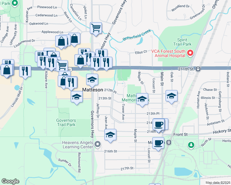 map of restaurants, bars, coffee shops, grocery stores, and more near 21207 Butterfield Parkway in Matteson