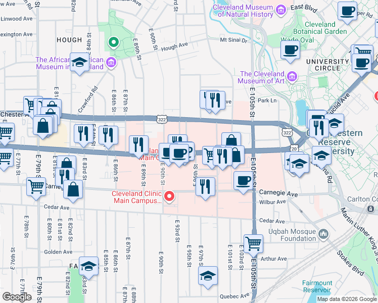 map of restaurants, bars, coffee shops, grocery stores, and more near in Cleveland
