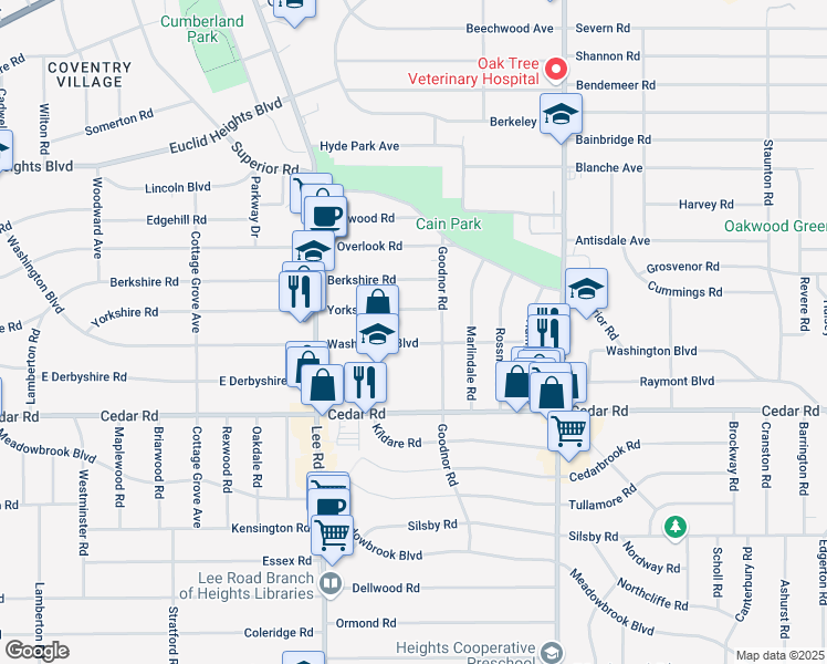 map of restaurants, bars, coffee shops, grocery stores, and more near 3303 Washington Boulevard in Cleveland Heights