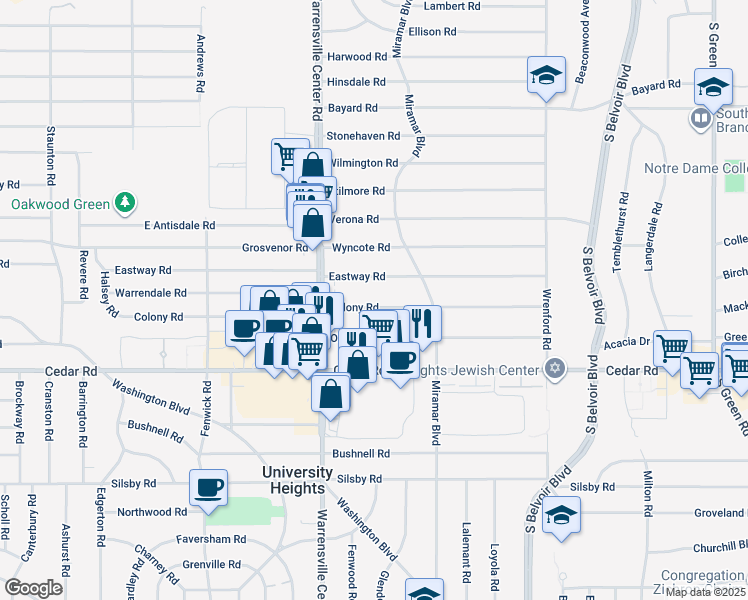 map of restaurants, bars, coffee shops, grocery stores, and more near 4055 Colony Road in South Euclid