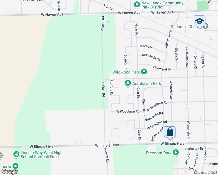 map of restaurants, bars, coffee shops, grocery stores, and more near 513 Stafford Drive in New Lenox