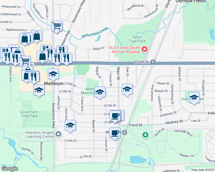 map of restaurants, bars, coffee shops, grocery stores, and more near 3632 212th Place in Matteson