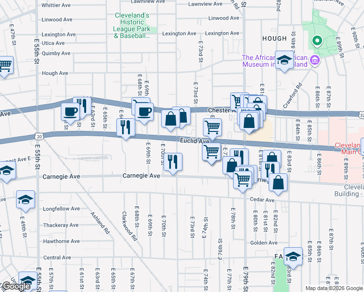 map of restaurants, bars, coffee shops, grocery stores, and more near 7100 Euclid Avenue in Cleveland