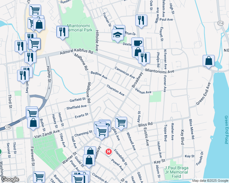 map of restaurants, bars, coffee shops, grocery stores, and more near 20 Thurston Avenue in Newport