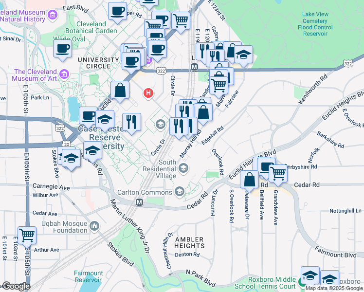 map of restaurants, bars, coffee shops, grocery stores, and more near 2220 Murray Hill Road in Cleveland