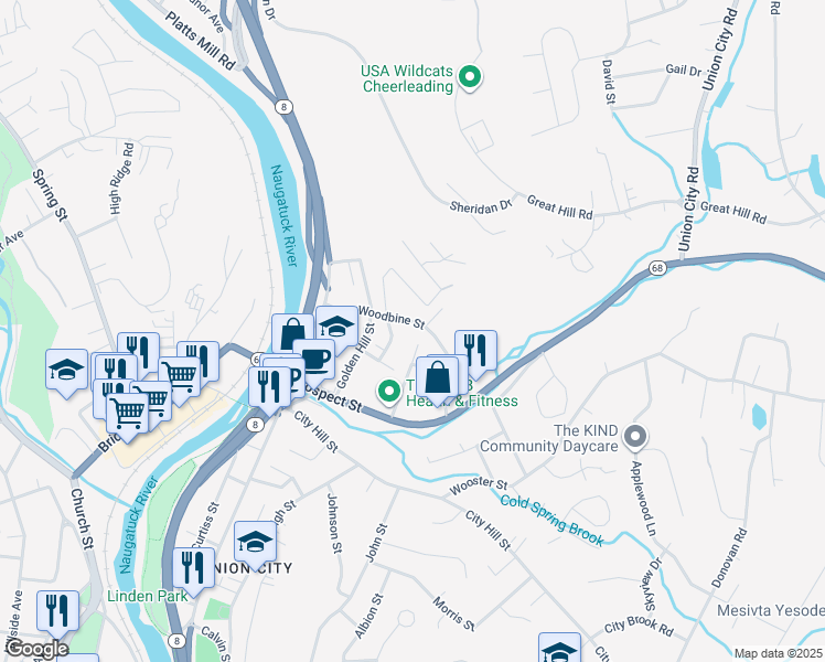 map of restaurants, bars, coffee shops, grocery stores, and more near 25 Stanley Street in Naugatuck