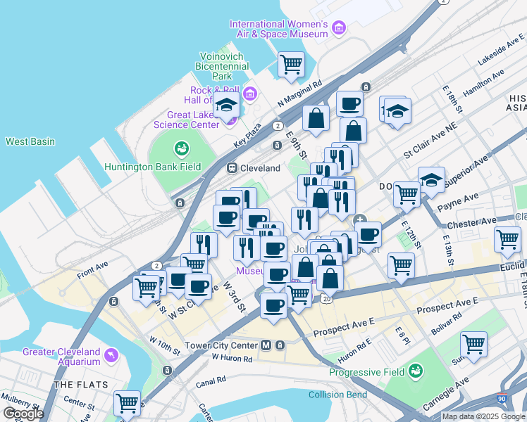 map of restaurants, bars, coffee shops, grocery stores, and more near 300 Lakeside Avenue East in Cleveland