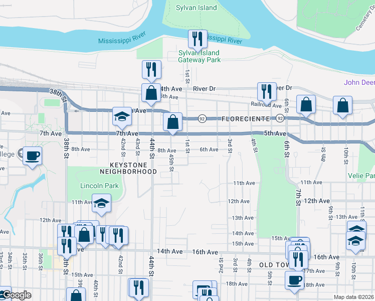 map of restaurants, bars, coffee shops, grocery stores, and more near 4529 8th Avenue in Rock Island