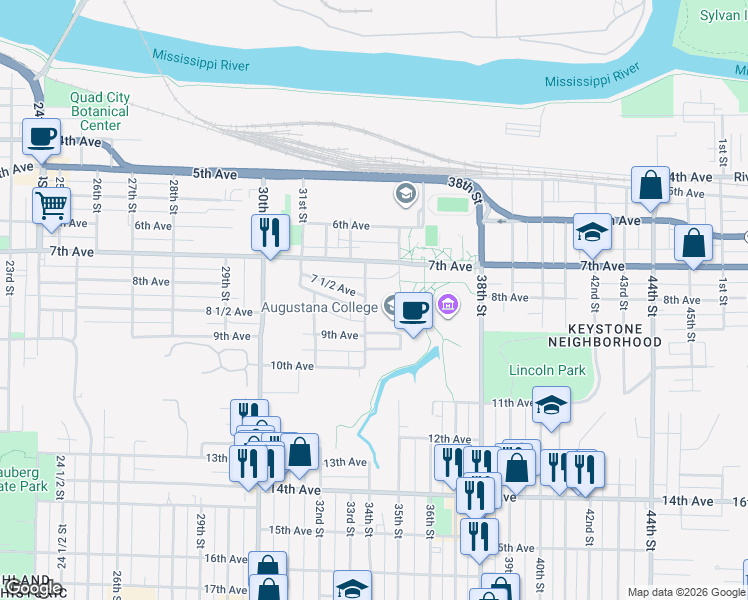 map of restaurants, bars, coffee shops, grocery stores, and more near 749 34th St in Rock Island