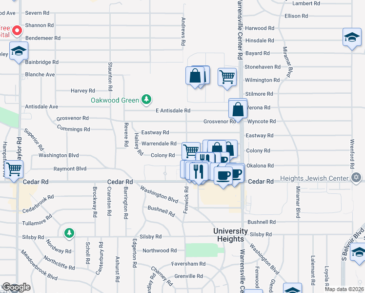 map of restaurants, bars, coffee shops, grocery stores, and more near 3846 Warrendale Road in South Euclid