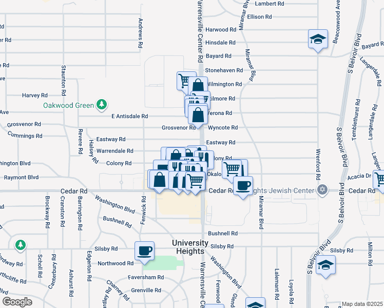 map of restaurants, bars, coffee shops, grocery stores, and more near 3966 Warrendale Road in South Euclid