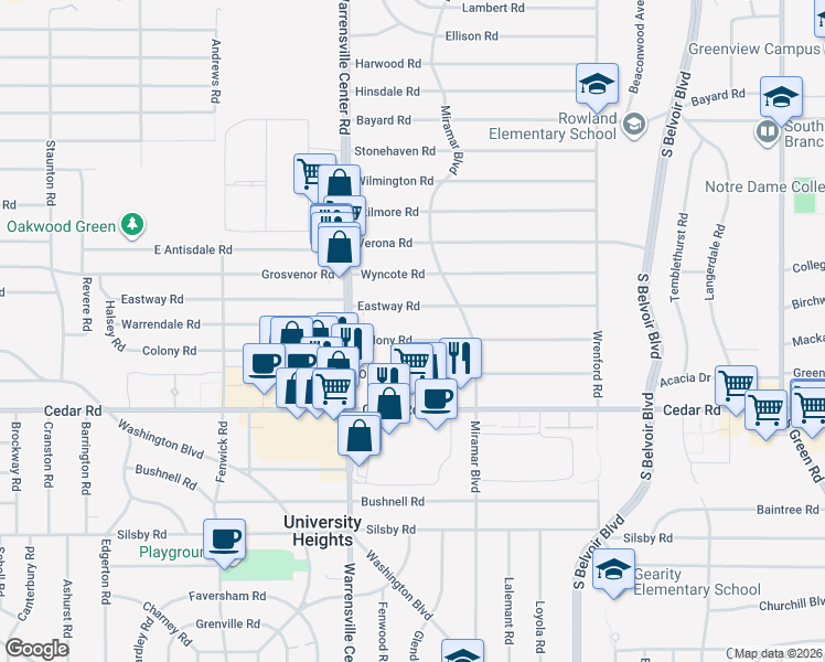map of restaurants, bars, coffee shops, grocery stores, and more near 4055 Colony Road in South Euclid