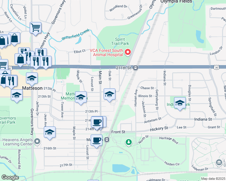 map of restaurants, bars, coffee shops, grocery stores, and more near 3525 212th Place in Matteson